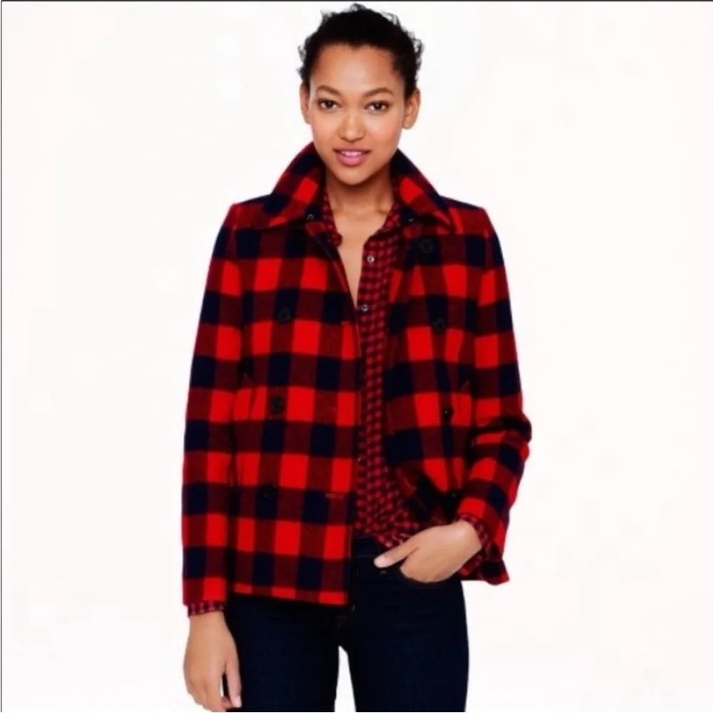 J.Crew Buffalo Check Short Peacoat Wool Red & Black Size 0 - Picture 2 of 11